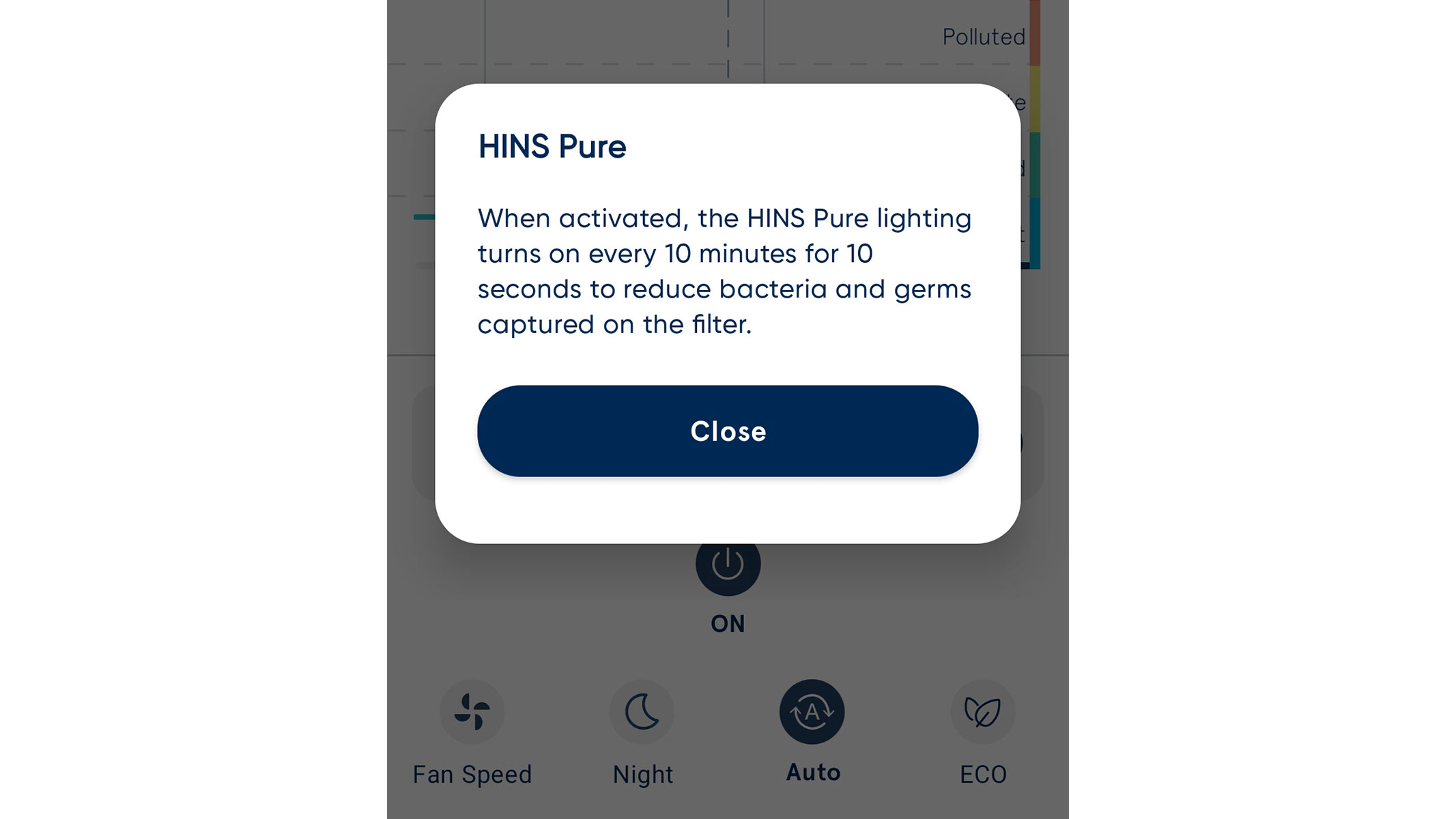A screenshot of the HINS Pure feature in the BlueAir app