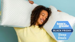 A woman holding two Pluto pillows aloft, with a Tom's Guide Black Friday Sleep Deals badge overlaid