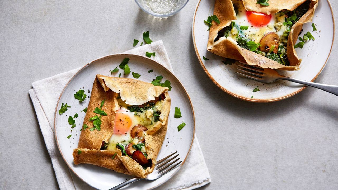 Creamy mushroom and blue cheese buckwheat galettes