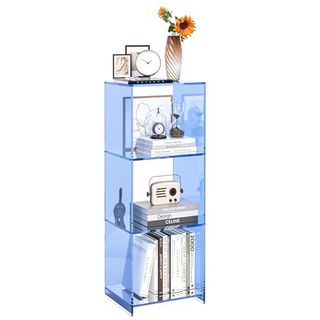 Invisibiliter Acrylic Bookcase, 3 Tier Clear Floor Standing Bookshelf, 31.5 Inch Tall Display Cube Storage Shelf Home Decor Furniture for Home, Office, Living Room, Bedroom - Transparent Blue