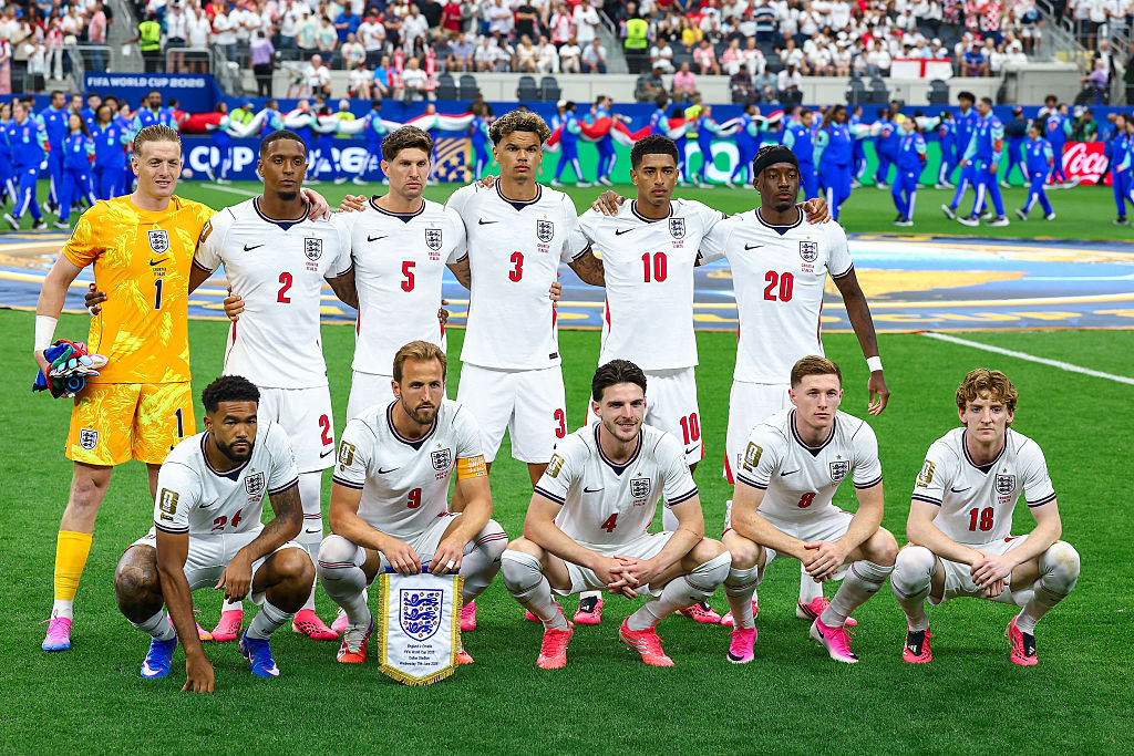 England players line up for a team photo during the FIFA World Cup 2026 Group L match between England and Croatia on June 17, 2026 at Dallas Stadium in Arlington
