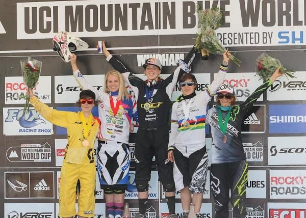 Emilie Siegenthaler, Tracey Hannah, Rachel Atherton, Emmeline Ragot, Myriam Nicole make up the Elite Women's Windham World Cup downhill podium.