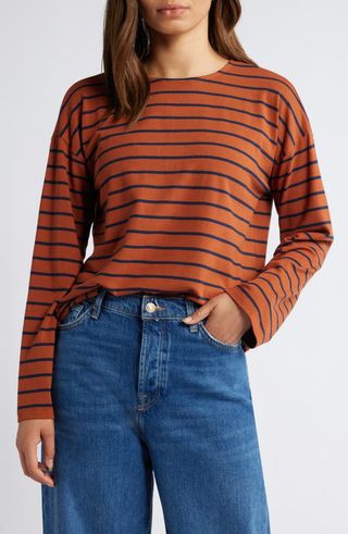 Stripe High-Low Long Sleeve Jersey Top