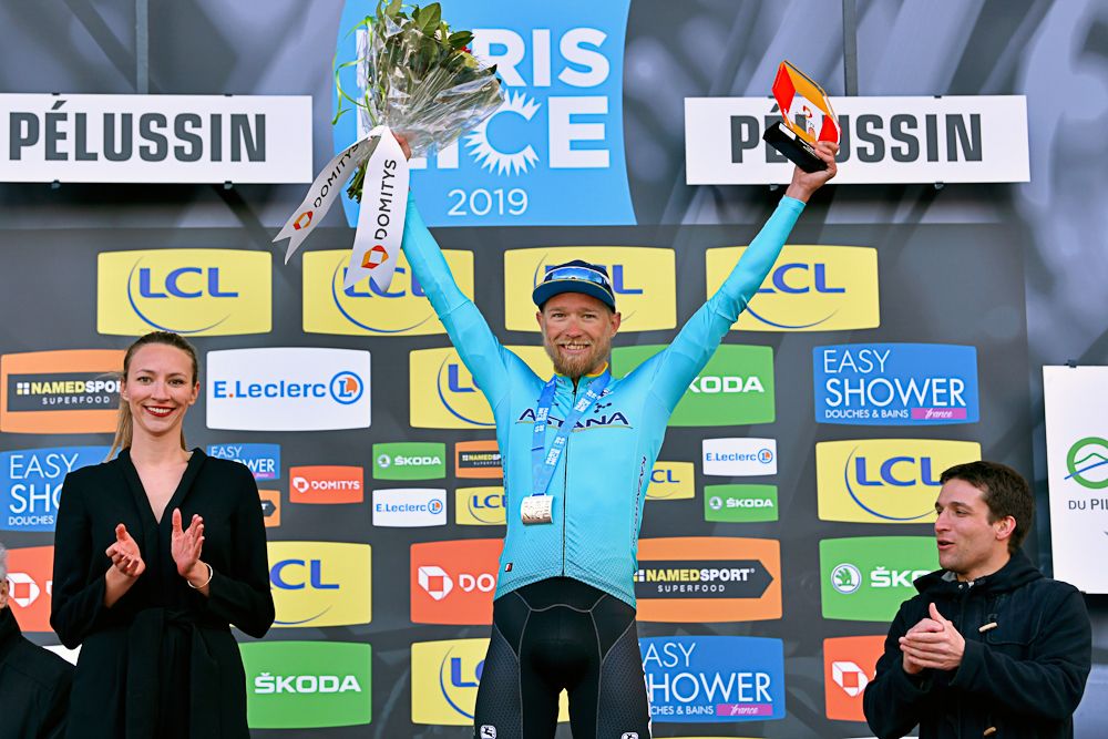 Magnus Cort on the Tirreno-Adriatico podium after winning stage 4