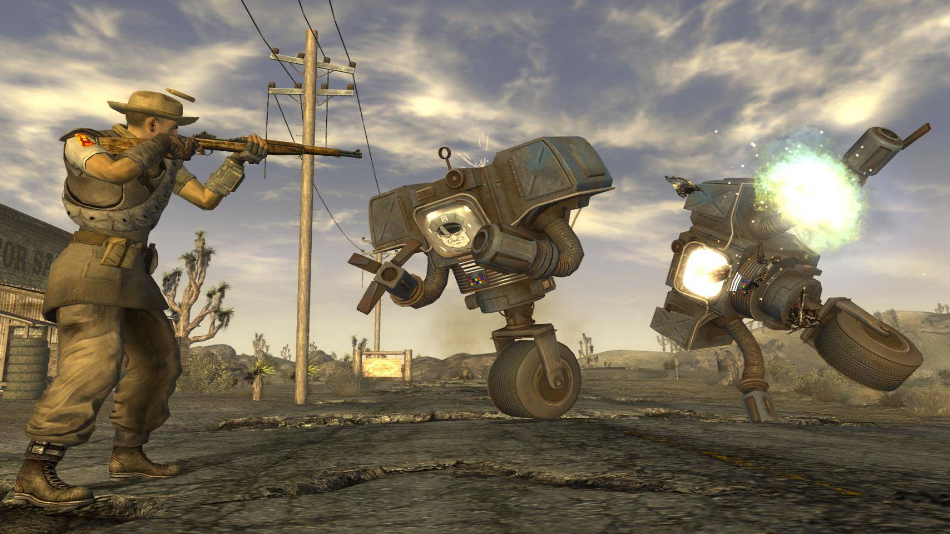 In Fallout: New Vegas, the courier fires a gun at two Securitron robots