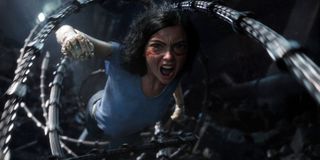 Alita: Battle Angel Alita flying through Grewishka's grind cutters