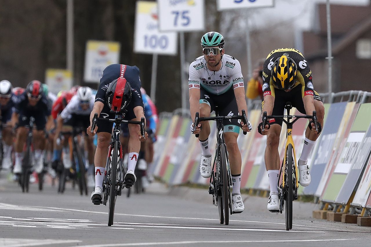 BERG NETHERLANDS APRIL 18 Arrival Sprint Thomas Pidcock of United Kingdom and Team INEOS Grenadiers Maximilian Schachmann of Germany and Team Bora Hansgrohe Wout Van Aert of Belgium and Team Jumbo Visma during the 55th Amstel Gold Race 2021 Mens Elite a 2167km race from Valkenburg to Berg en Terblijt Amstelgoldrace amstelgoldrace on April 18 2021 in Berg Netherlands Photo by Bas CzerwinskiGetty Images