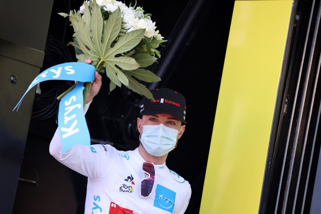 SISTERON FRANCE AUGUST 31 Podium Marc Hirschi of Switzerland and Team Sunweb White Best Young Jersey during the 107th Tour de France 2020 Stage 3 a 198km stage from Nice to Sisteron 488m TDF2020 LeTour on August 31 2020 in Sisteron France Photo by Kenzo Tribouillard PoolGetty Images