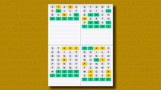 Quordle Daily Sequence answers for game 990 on a yellow background