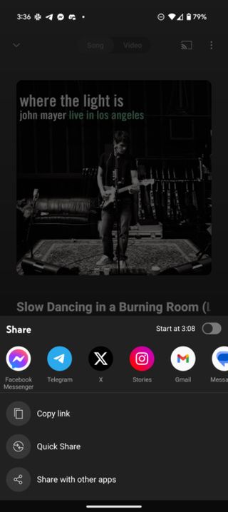 The timestamp sharing option in YouTube Music.