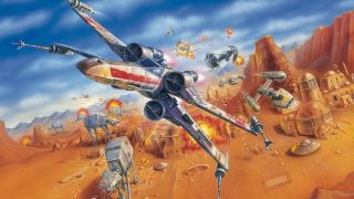 The cover art for the Star Wars: Rogue Squadron 3D video game, which shows X-Wings and Y-Wings flying through a canyon on a desert planet