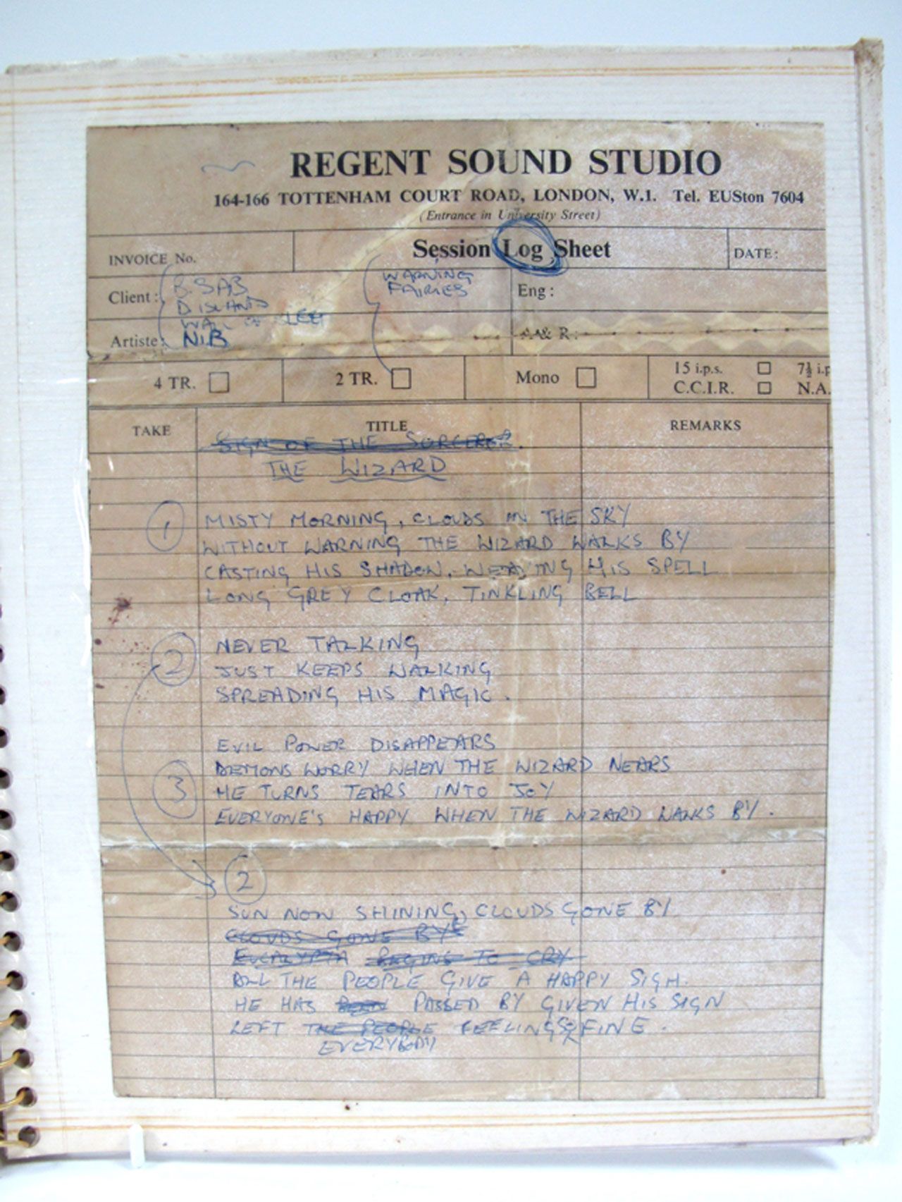 Handwritten lyrics for the band Earth