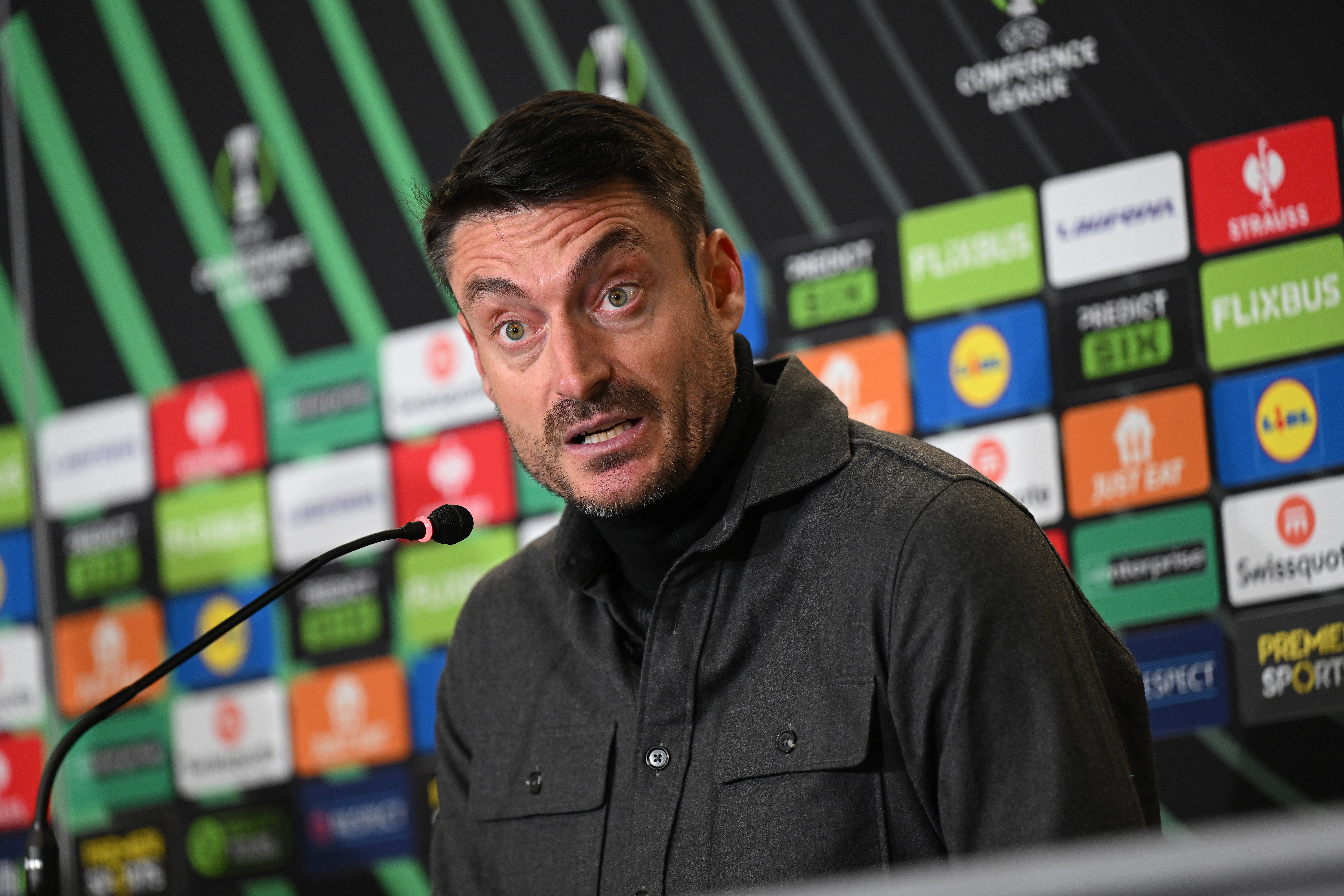 TALLAGHT, IRELAND - OCTOBER 23: Albert Riera, Head Coach of NK Celje, speaks to the media in a post match press conference following the UEFA Conference League 2025/26 League Phase MD2 match between Shamrock Rovers FC and NK Celje at Tallaght Stadium on October 23, 2025 in Tallaght, Ireland. (Photo by Charles McQuillan - UEFA/UEFA via Getty Images)
