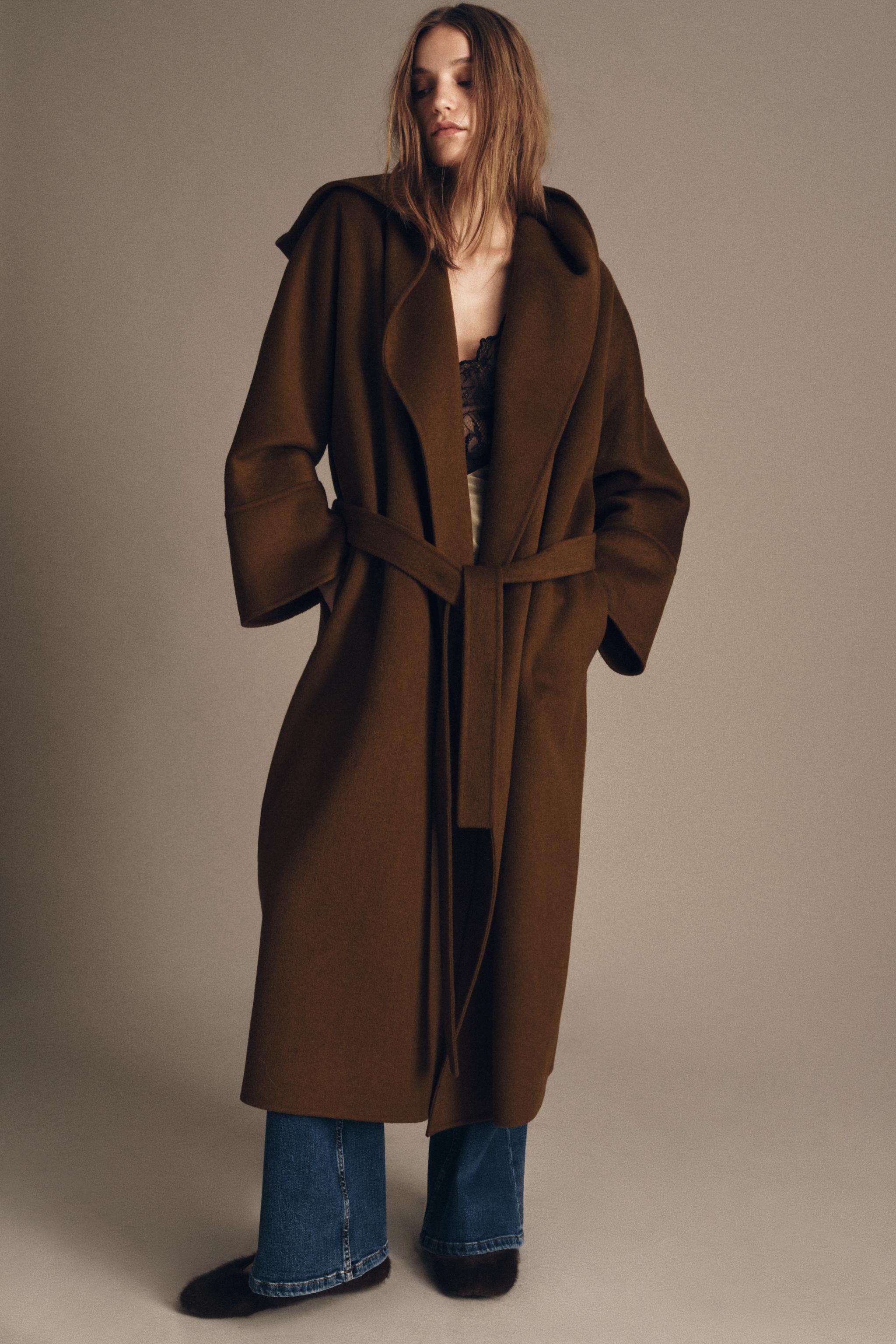 Long Belted Coat With Wool Zw Collection Limited Edition