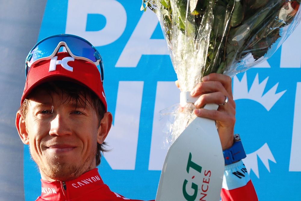 Stage winner Ilnur Zakarin on the stage 6 podium at Paris-Nice