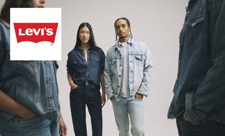 Levis logo top left with a picture of two people posing in denim jackets