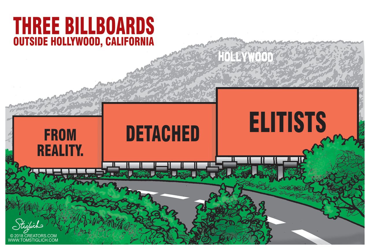 Political cartoon U.S. Oscars 2018 Three Billboards Hollywood liberal elites