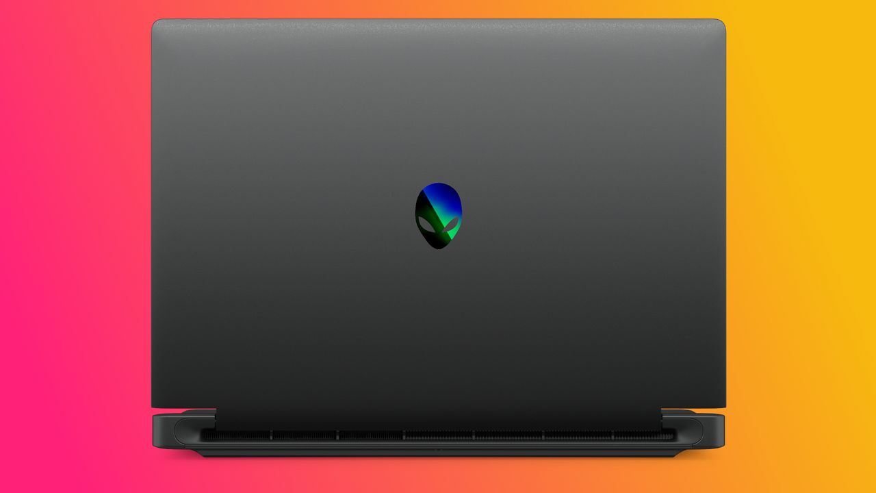 Sleek black laptop with an alien logo on the lid, set against a vibrant gradient background of pink and orange, conveying a modern, tech-savvy vibe.