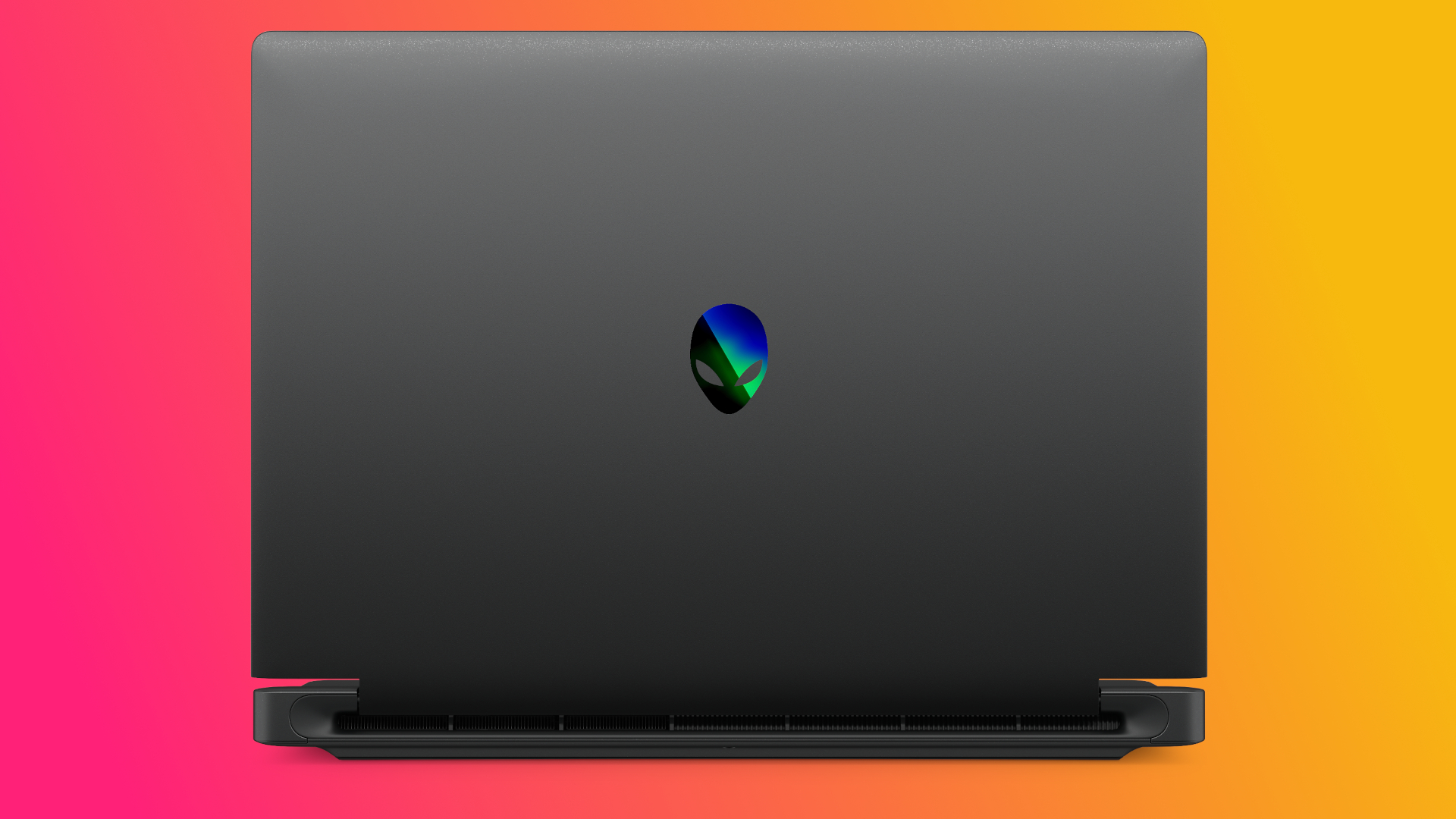 Sleek black laptop with an alien logo on the lid, set against a vibrant gradient background of pink and orange, conveying a modern, tech-savvy vibe.