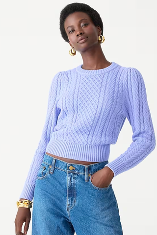 Cable-knit puff-sleeve crewneck sweater