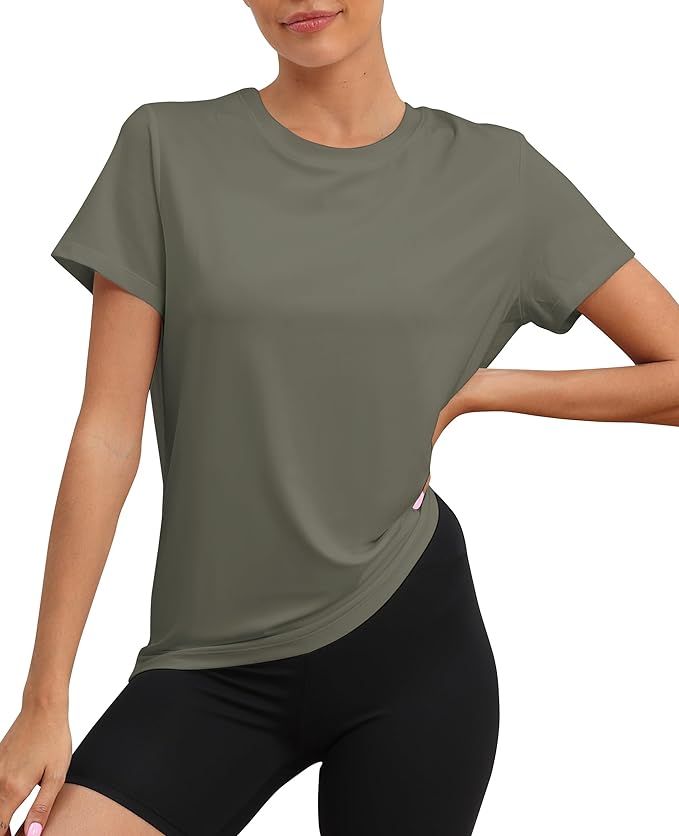 Kevamolly Olive Green Workout Tops for Women Upf50+ Breathable Loose Fit Yoga T Shirts Short Sleeve Running Gym Athletic Tee Top Xl