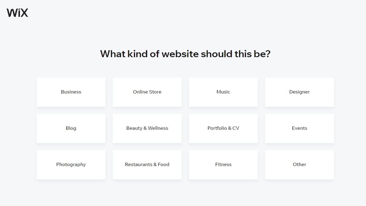 Wix's onboarding wizard asking which type of website to build