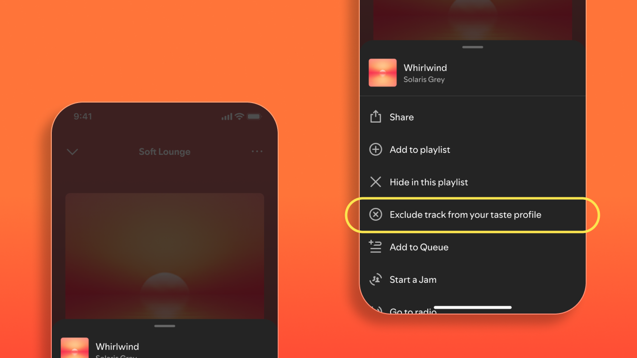 An image of how to exclude a song from your taste profile in the Spotify mobile app