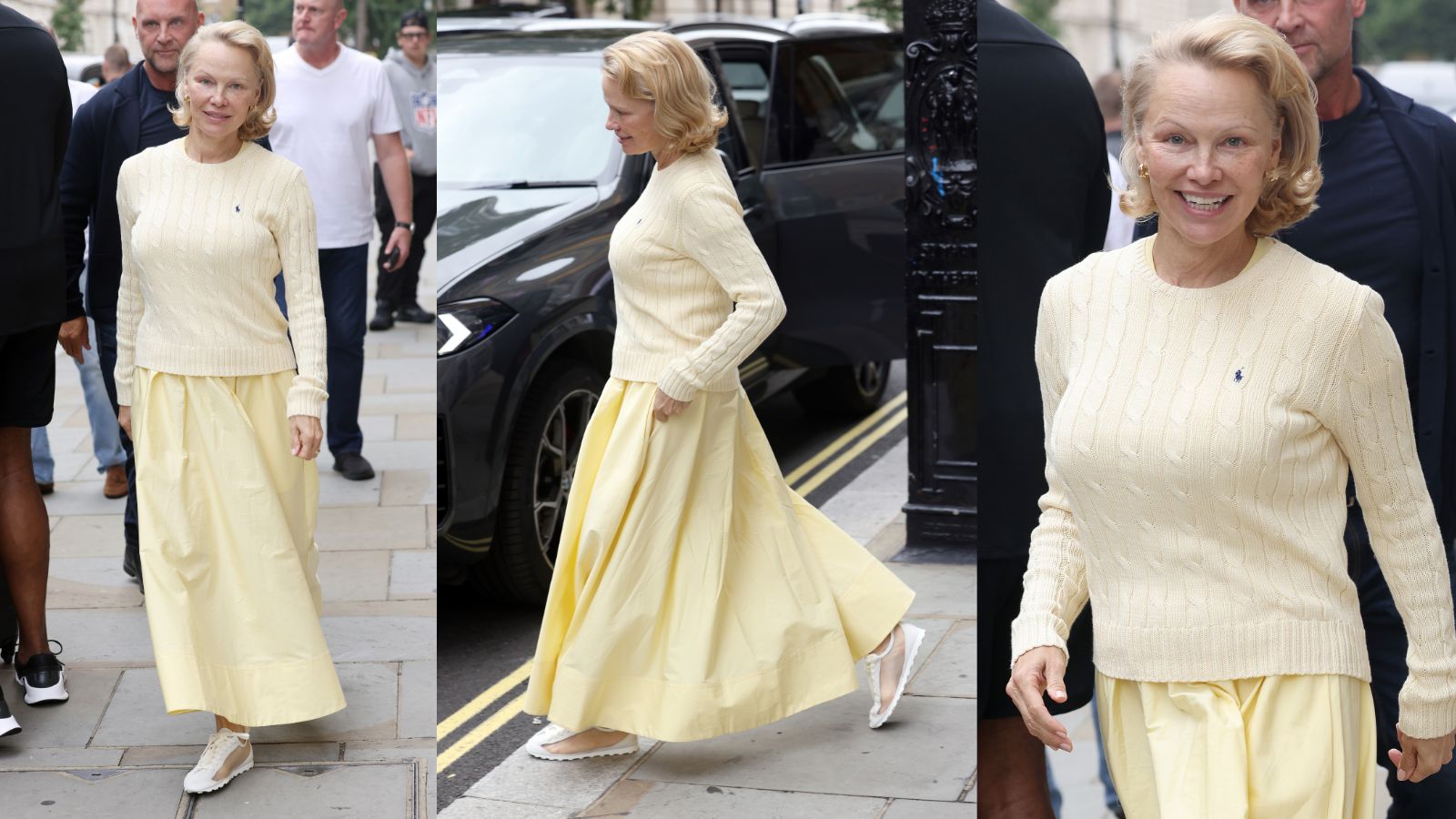 Pamela Anderson wearing butter yellow, sweater and skirt