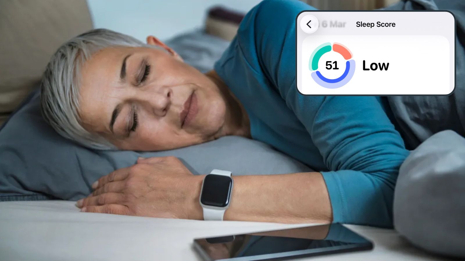 Woman sleeping on her side with a smart watch on her wrist and her phone on the bedside table, with inset of a 'Low' Apple sleep score of 51 