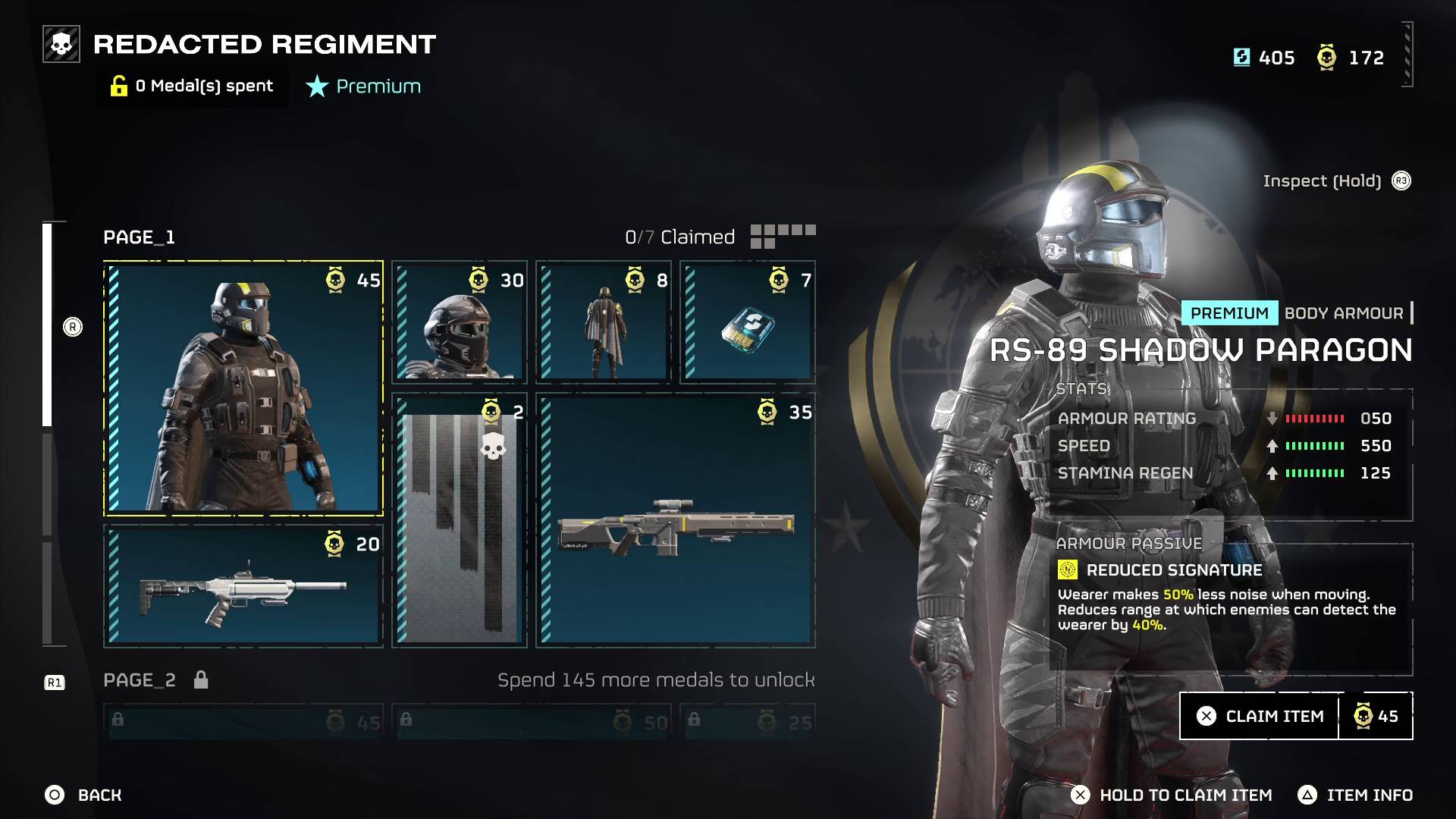 Helldivers 2 Redacted Regiment Warbond shadow paragon armor on page 1