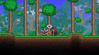 A player petting the Terraria version of Palworld Pal Digtoise.