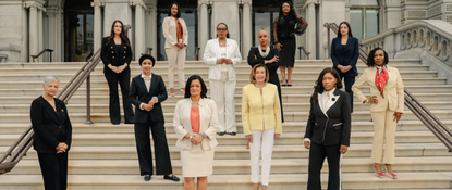 Congresswomen Bonnie Watson Coleman, Ilhan Omar, Pramila Jayapal, LaMonica McIver, Nancy Pelosi, Jasmine Crockett, and Yvette Clarke, Sara Jacobs, Jahana Hayes, Ayanna Pressley, Emilia Sykes, and AOC.