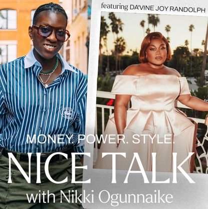 A photo of Nikki Ogunnaike with an inset photo of Da'Vine Joy Randolph and text reading Money. Power. Style. Nice Talk with Nikki Ogunnaike