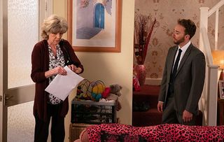 FROM ITV STRICT EMBARGO - No Use Before 0700hrs Tuesday 28th May 2019 Coronation Street - Ep 9789 Friday 7th June 2019 - 1st Ep David Platt [JACK P SHEPHERD] hands Audrey Roberts [SUE NICHOLLS] a legal document and explains that he’s transferred the barber’s shop, lock, stock and barrel into her name. Audrey’s gobsmacked. David reveals to Gail and Shona that he’s transferred the barber’s to Audrey in an attempt to make amends. Picture contact - David.crook@itv.com Photographer - Mark Bruce This photograph is (C) ITV Plc and can only be reproduced for editorial purposes directly in connection with the programme or event mentioned above, or ITV plc. Once made available by ITV plc Picture Desk, this photograph can be reproduced once only up until the transmission [TX] date and no reproduction fee will be charged. Any subsequent usage may incur a fee. This photograph must not be manipulated [excluding basic cropping] in a manner which alters the visual appearance of the person photographed deemed detrimental or inappropriate by ITV plc Picture Desk. This photograph must not be syndicated to any other company, publication or website, or permanently archived, without the express written permission of ITV Picture Desk. Full Terms and conditions are available on www.itv.com/presscentre/itvpictures/terms