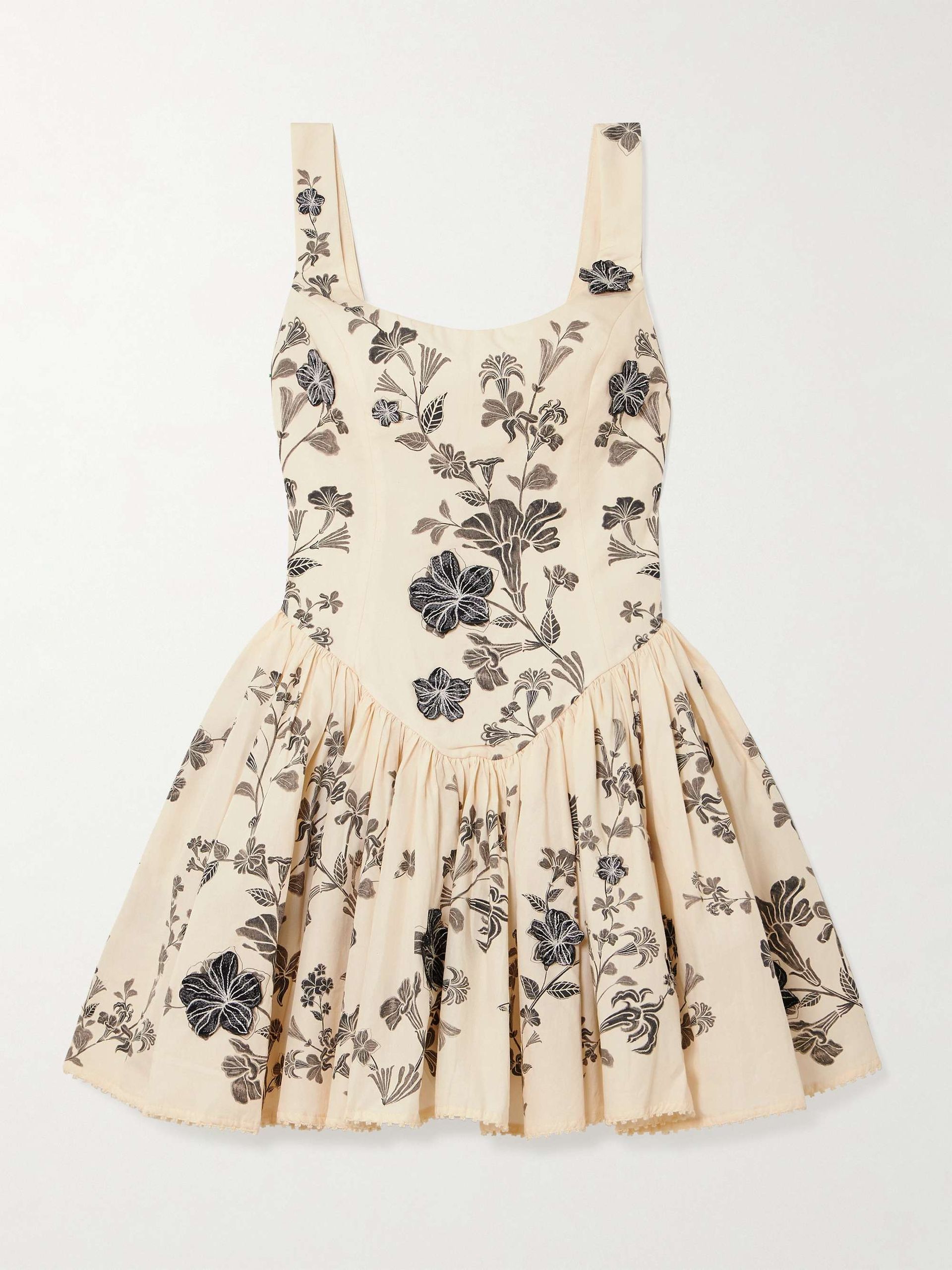 Pluma Guayacan Appliquéd Gathered Printed Cotton Mini Dress