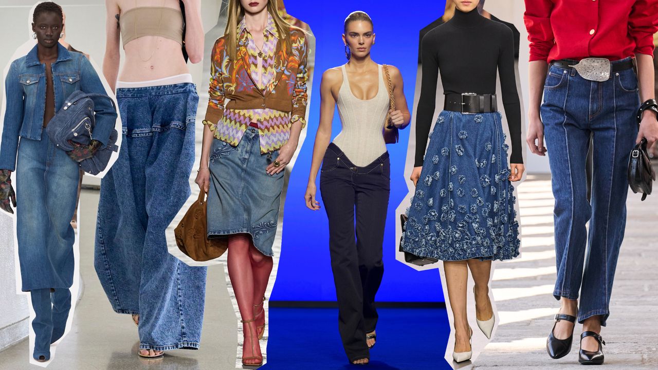 the spring 2025 denim trends at Acne Studios, Aläia, Versace, Schiaparelli, Michael Kors, Bally