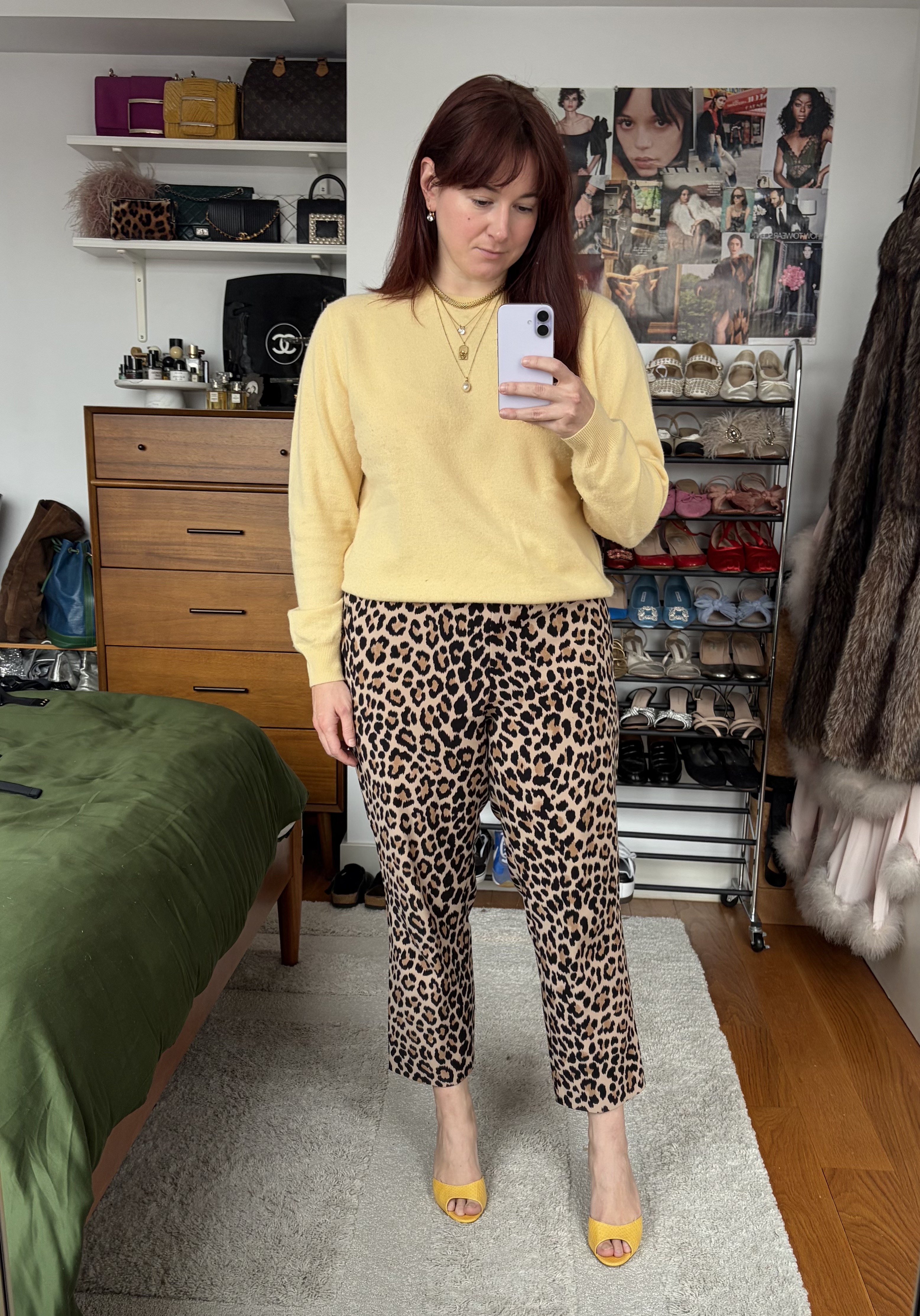 Tyler McCall wearing J.Crew's yellow mens cashmere sweater, leopard printed pants, and yellow heels