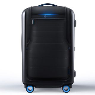 Bluesmart suitcase having blue wheels with a chain and handle on top