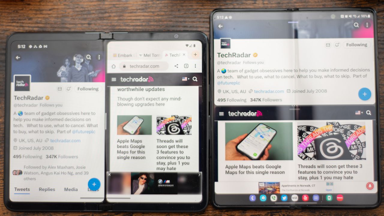 Samsung Galaxy Z Fold 4 and Google Pixel Fold showing differences between apps on each phone including Twitter and Chrome browser