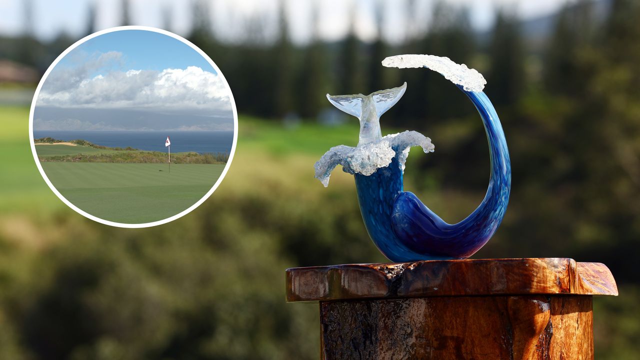 Main image of The Sentry trophy and an inset image of Kapalua Resort appearing to be in excellent condition
