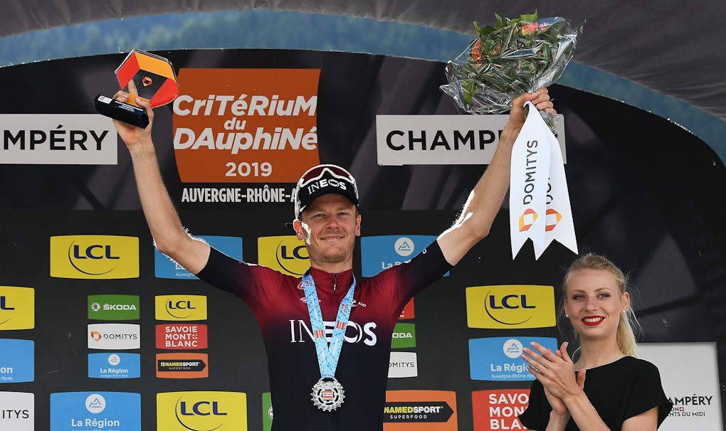 Dylan van Baarle on the Dauphine podium after winning stage 8