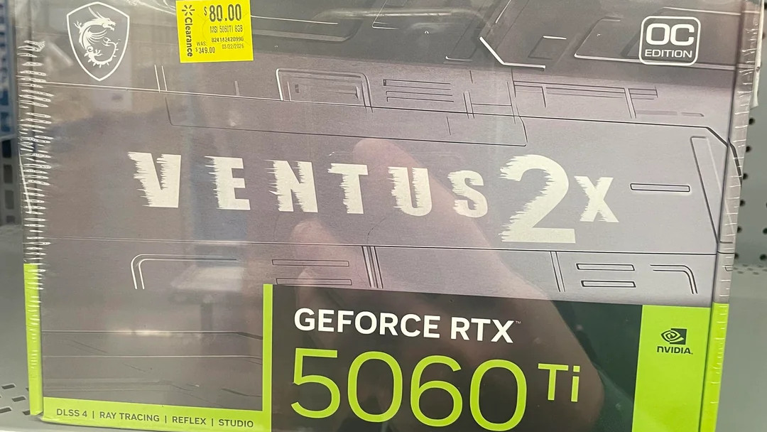 RTX 5060 Ti GPU shown in Walmart clearance aisle with sticker price reduced to $80