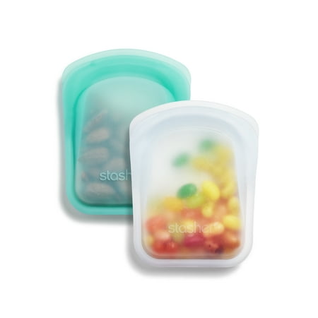 Stasher Premium Silicone Reusable Food Storage Pocket 2-Pack 4oz, Clear + Aqua, Dishwasher Safe, Leak Free