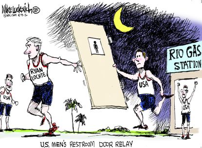 Editorial cartoon US mens restroom door relay Rio Olympics 2016