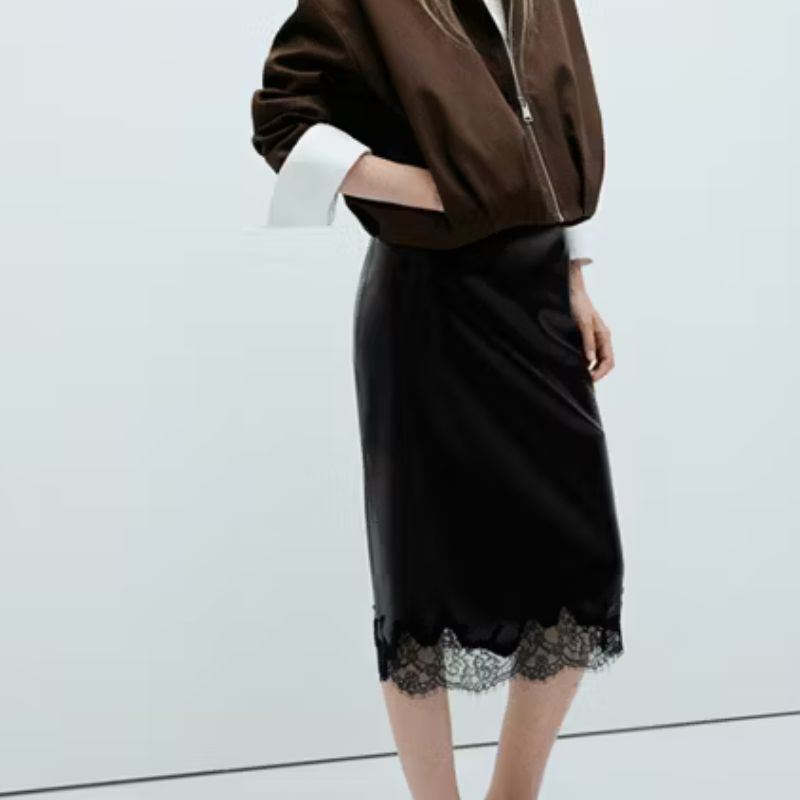 Mango , Faux Leather Skirt with Lace Trim
