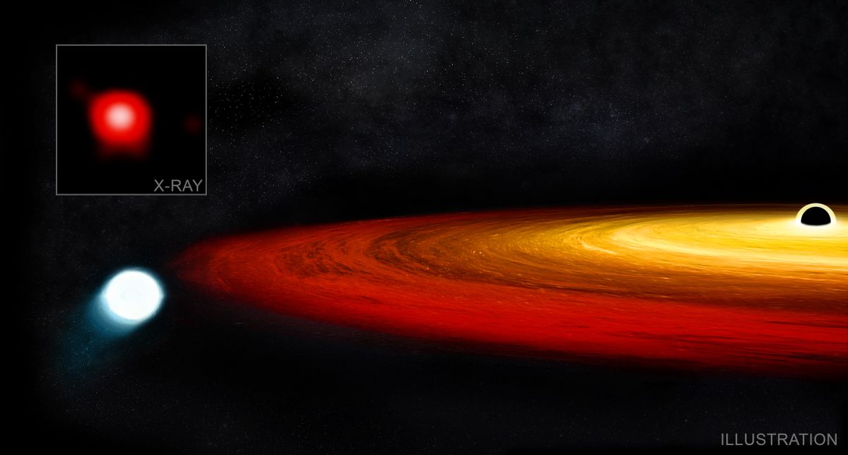 An artist&#039;s depiction of a star brushing past a black hole.