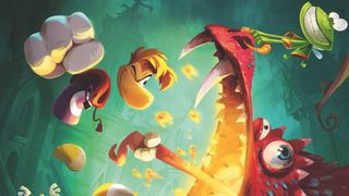 Rayman Legends key art featuring Rayman himself wailing on an enemy by pulling on its tongue