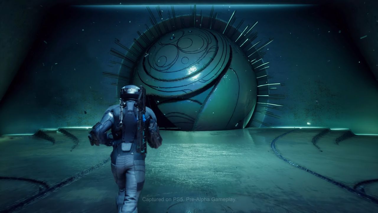 Exodus player approaching alien spherical door
