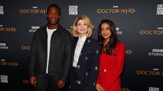 Is Doctor Who on Netflix? Cast Members Jodie Whittaker, Tosin Cole and Mandip Gill as a BBC screening of Doctor Who in New York, 2020.