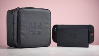 Nintendo Switch 2 All-In-One Carrying case next to Nintendo Switch 2 console in docked mode